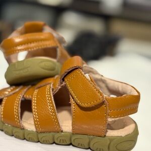 Tan and Green Leather Sandals with Velcro Straps